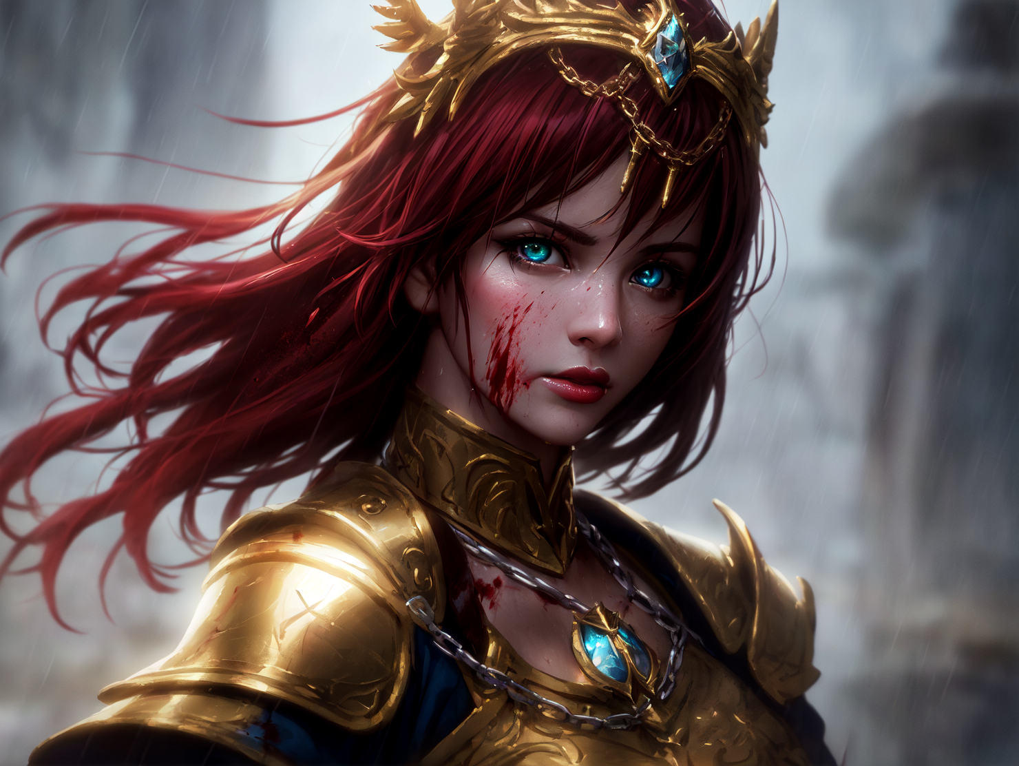 best quality, cinematic lighting, painting, fine art, 1girl, solo, rain, lips, red hair, armor, headpiece, looking at view...